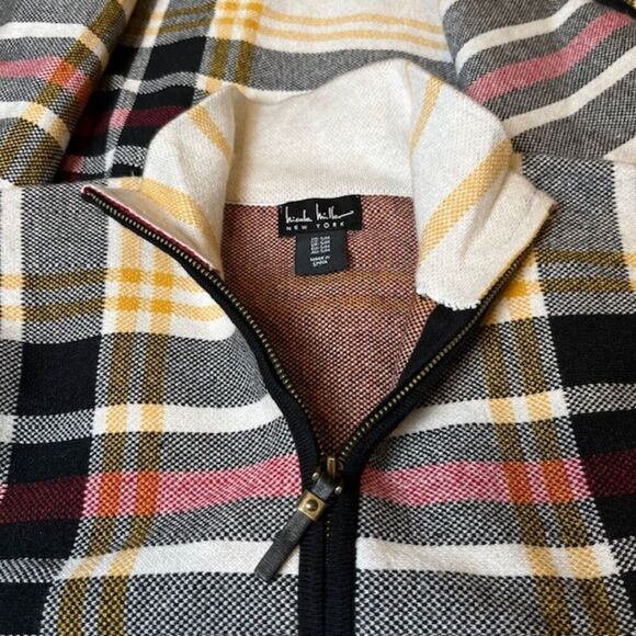 NWOT Nicole Miller Zip Front Poncho Cape Plaid Black Red Yellow Oversized S/M - Picture 7 of 14